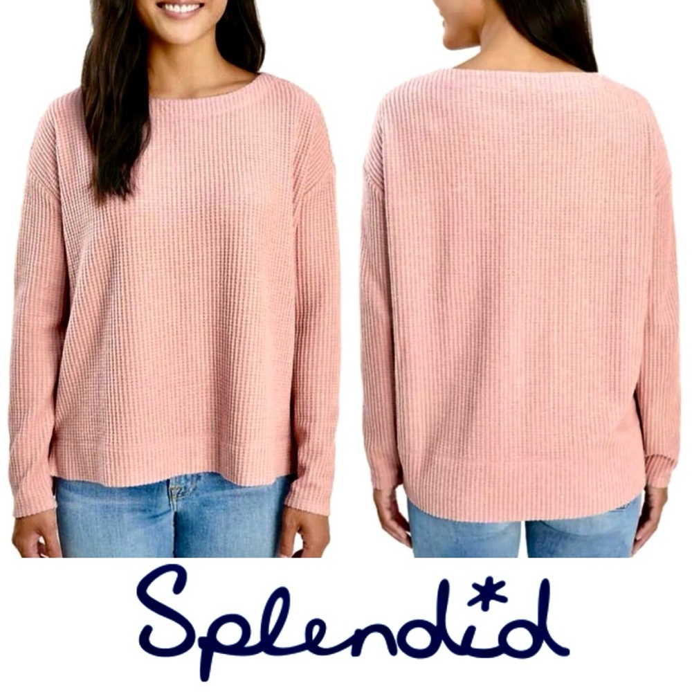 Splendid Light Pink Waffle Knit Split Hem Long Sleeve Top